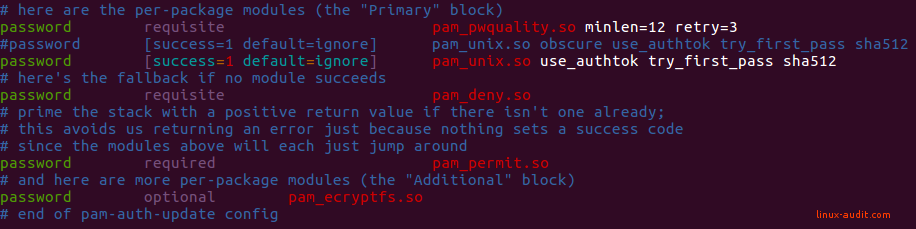 Screenshot of PAM configuration with pam_pwquality module