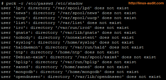Screenshot of pwck output of /etc/passwd and /etc/shadow