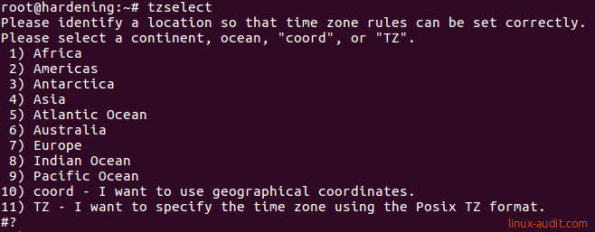 Linux time zone configuration with tzselect utility