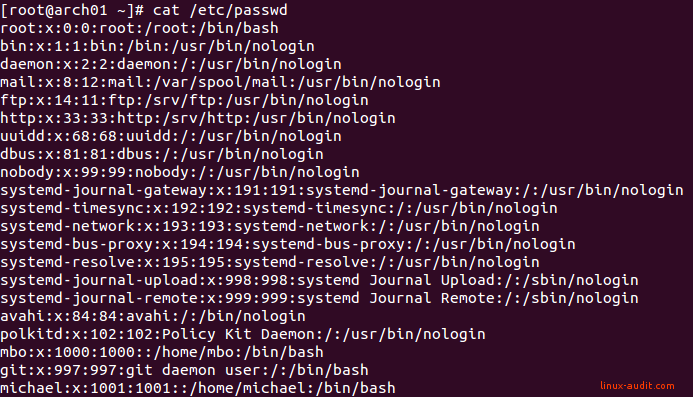 Screenshot of /etc/passwd file on Arch Linux