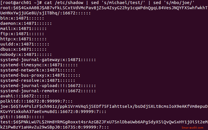 Screenshot of /etc/shadow file on Arch Linux