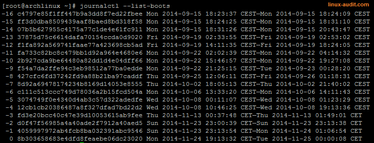 Screenshot with output of journalctl command using the --list-boots option