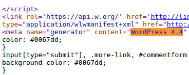 Screenshot of HTML output which discloses WordPress version 4.4