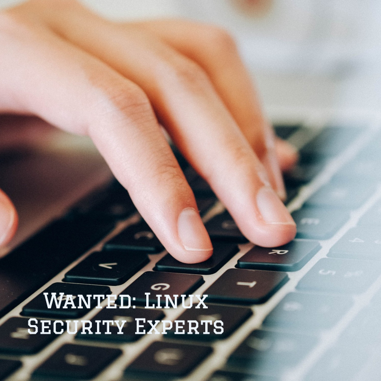 Header image showing keyboard with text, wanted: Linux security experts