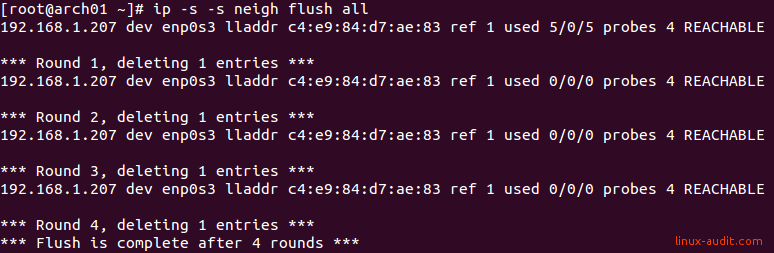 Screenshot of clearing an ARP cache with ip neigh flush command