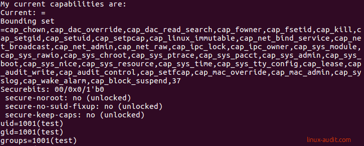 Screenshot of capsh showing Linux capabilities