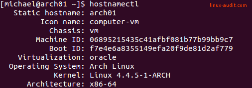 Output of the hostnamectl command on Linux