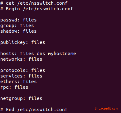 Screenshot of /etc/nsswitch.conf file for DNS resolving