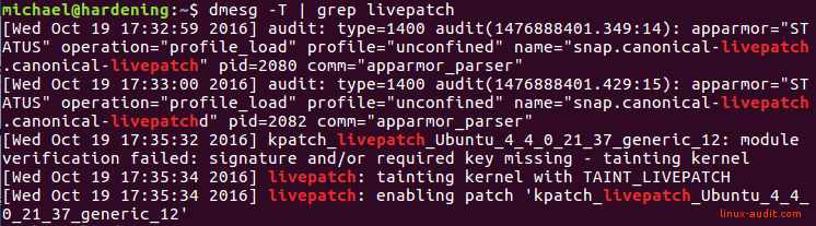 Dmesg tool showing that kernel is tainted by livepatch utility