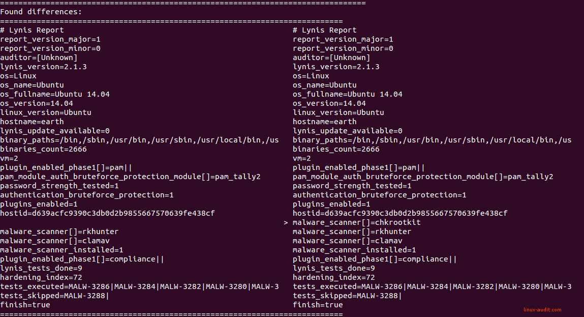 Screenshot of diff tool to determine Lynis differences during security audit