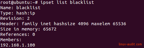 Output of ipset command showing blocklist