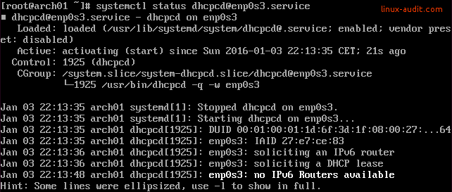 Screenshot of systemd showing IPv6 message that no routers are found