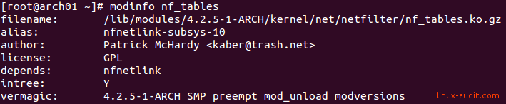 Screenshot of modinfo utility showing the nf_tables kernel module