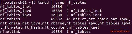 Output showing that nftables kernel modules are active