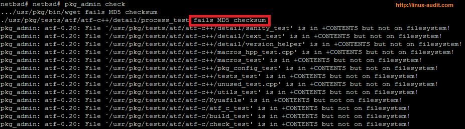 Screen output of pkg_admin check command while performing file integrity check