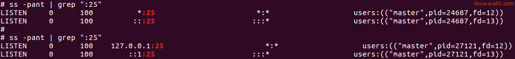 Output of ss command to display network ports that Postfix is listening to