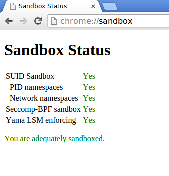 Screenshot showing the sandbox options of Google, with Yama LSM being enforced.