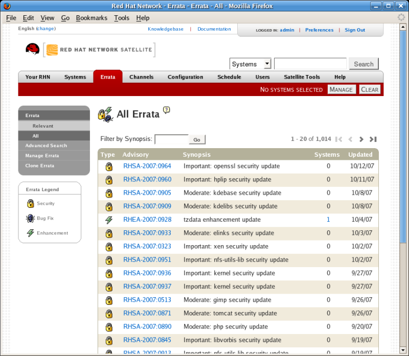 Screenshot of patch management solution for Red Hat Linux systems