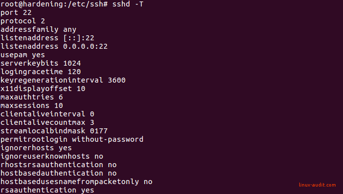 Screenshot of output from sshd -T command to show active SSH settings