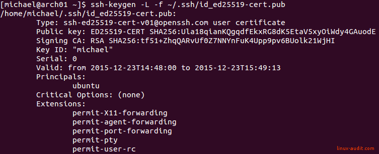 Screenshot of a SSH user certificate to allow temporary access