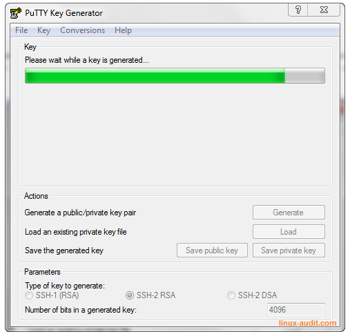 Screenshot of PuTTYgen creating a RSA keypair