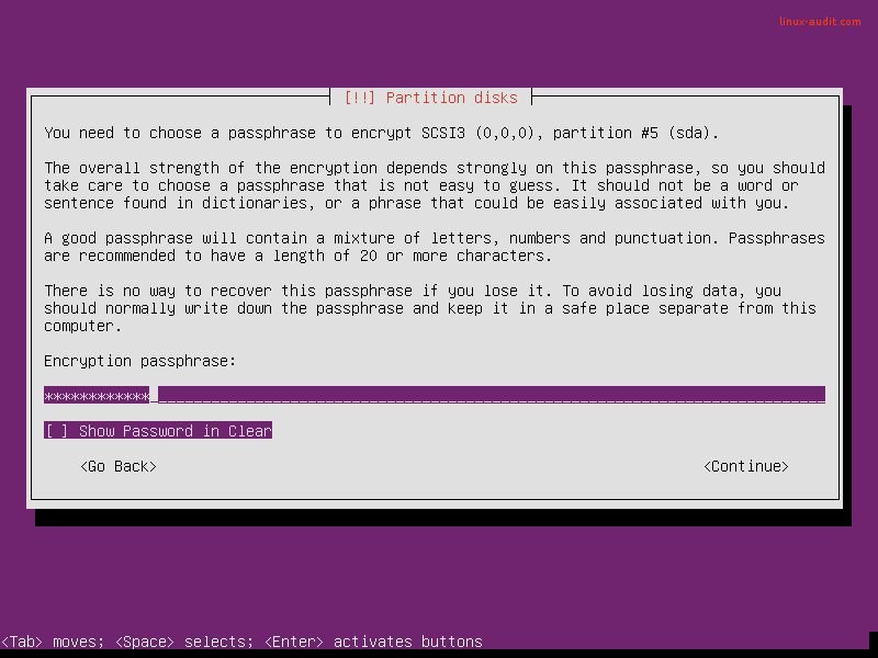 Screenshot of defining passphrase to use for encrypted LVM