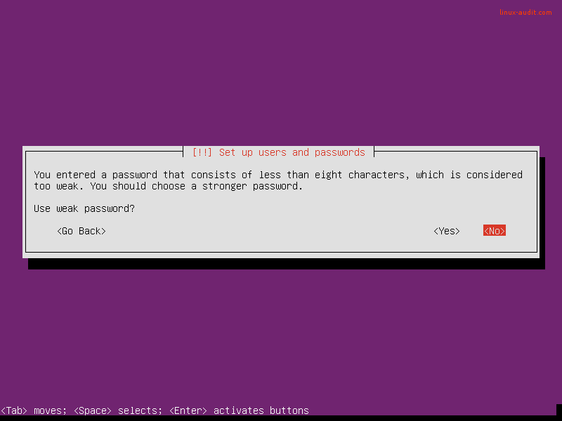 Screenshot showing weak password during Ubuntu installation