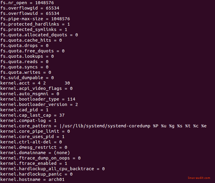 Screenshot of sysctl output, useful for kernel hardening