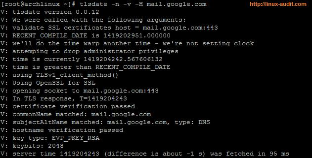 Screenshot of tlsdate in action and synchronization the time of a system