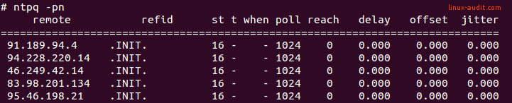 Screenshot of ntpq utility with stratum 16 sources