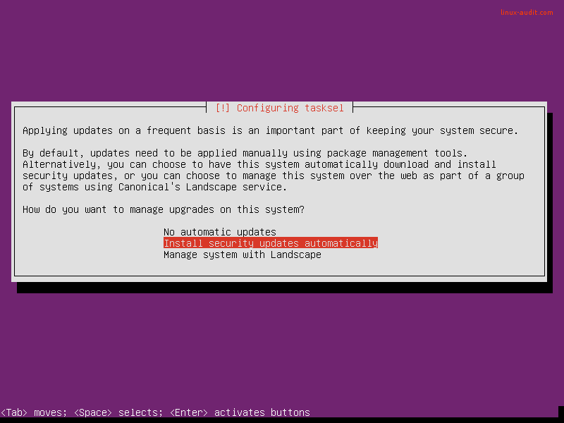 Screenshot to enable automatic security updates on Ubuntu server