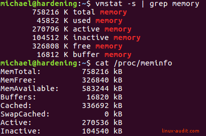 Screenshot of vmstat output and details from /proc/meminfo