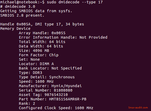 Screenshot of dmidecode displaying RAM module information and details on Linux system