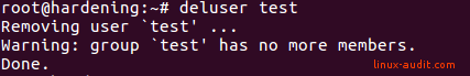 Screenshot of deluser command to remove a Linux account