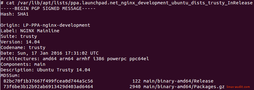 Screenshot showing package details of nginx PPA