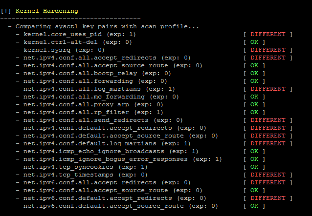 Linux kernel security overview after Lynis audit.